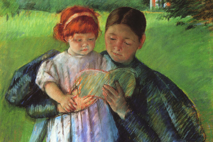 Painting of a woman and child reading