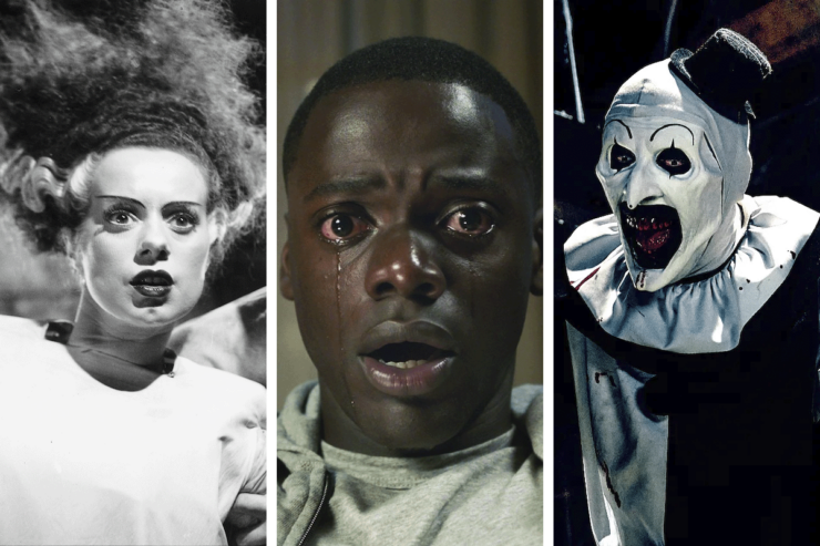 Close up of three actors in different horror movies: Elsa Lanchester in The Bride of Frankenstein; Daniel Kaluuya in Get Out; David Howard Thornton in Terrifier