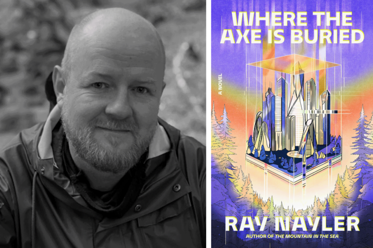 Photo of author Ray Nayler and his upcoming book Where the Axe Is Buried