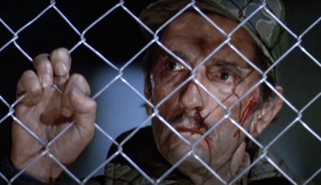 Tom Eckert (Harry Dean Stanton) gazes solemnly through the fence of a prison camp in John Milius' Red Dawn.