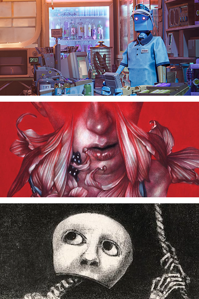 Details from the covers of three short fiction magazines: Radon Journal, Apex Magazine, and Weird Horror