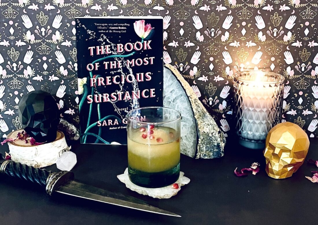 Photo of Sara Gran's The Book of the Most Precious Substance and a cocktail inspired by the book