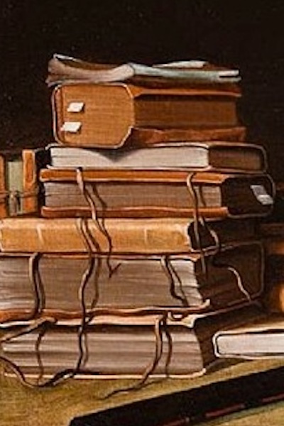 Detail from a still life painting of books, a letter, and a tulip