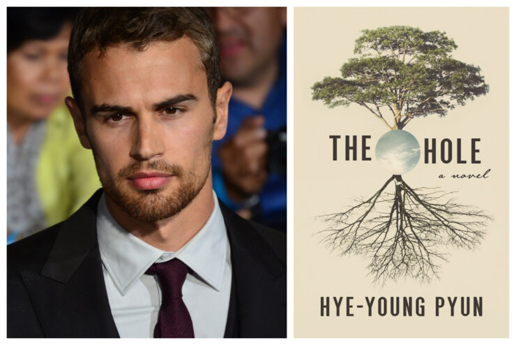 Split shot of Theo James and the cover of The Hole