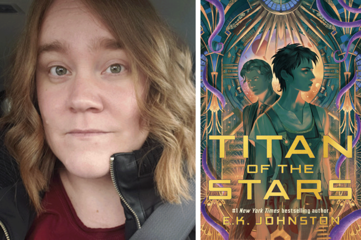 Photo of author E.K. Johnston and the cover of their upcoming book, Titan of the Stars