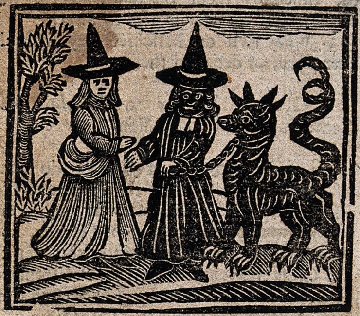 Woodcut depicting two witches and a four legged beast on a chain, 1720