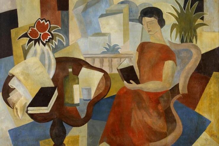 abstract painting of a seated woman reading a book next to a table with books, papers, a bottle and glass, and a vase of flowers