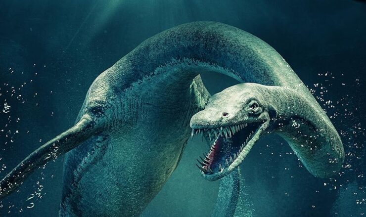 Detail from the poster for The Loch Ness Horror, depicting a pleisiosaurus baring its sharp teeth