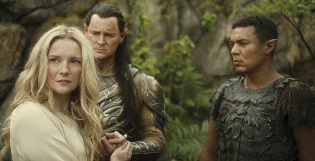 Morfydd Clark as Galadriel; Benjamin Walker as High King Gil-galad; Ismael Cruz Córdova as Arondir in Lord of the Rings: The Rings of Power, "Shadow and Flame"