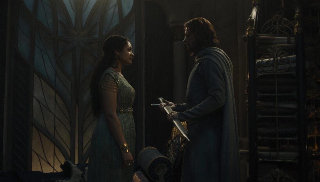 Cynthia Addai-Robinson as Queen Regent Míriel bestowing Narsil to Lloyd Owen as Elendil in Lord of the Rings: The Rings of Power, "Shadow and Flame"