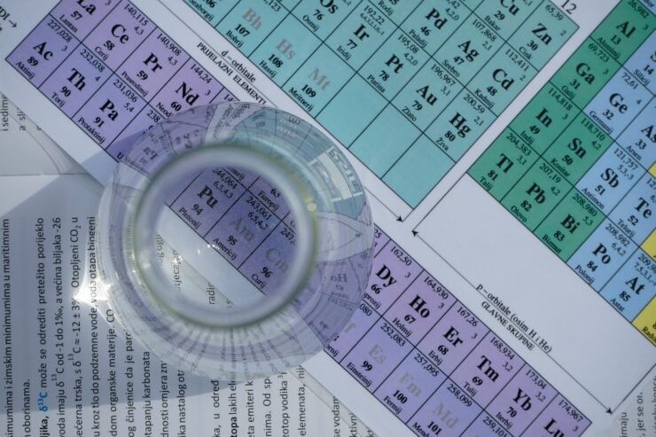 Photo of the periodic table and a glass beaker