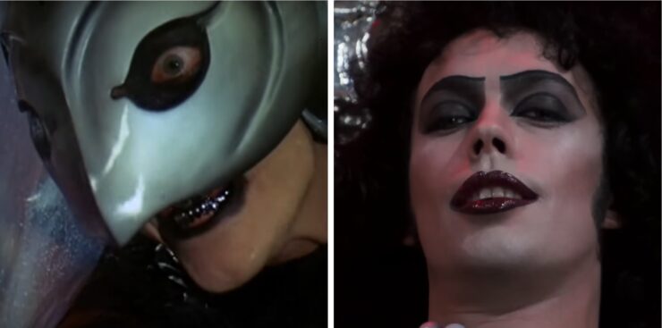 The titular Phantom in Phantom of the Paradise side by side with the close up of Frank-N-Furter in Rocky Horror Picture Show