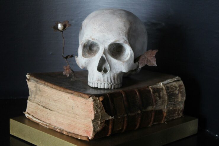 Photo of a sculpture of a human skull resting on a large book with a cracked leather cover