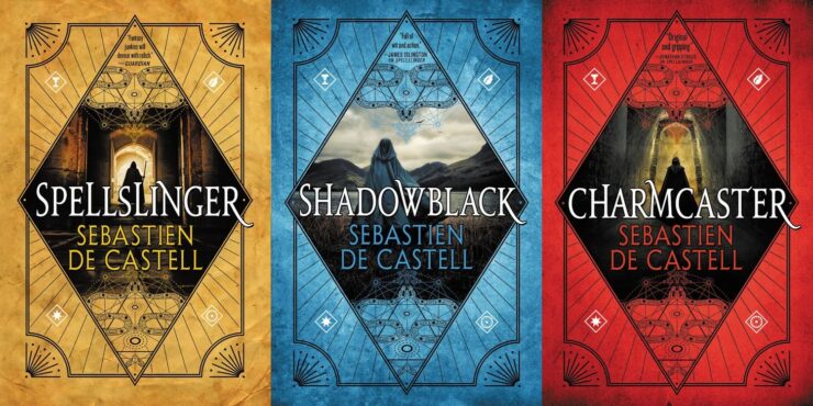 The covers of Spellslinger, Shadowblack, and Charmcaster by Sebastien de Castell