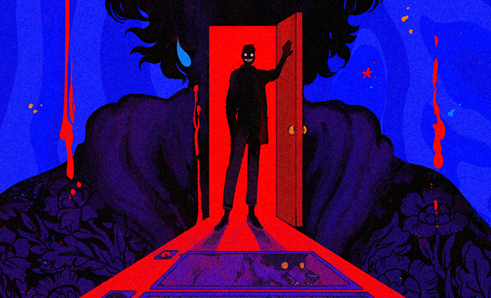 An illustration of an ominous silhouette of a figure lurking in a doorway spilling red light.