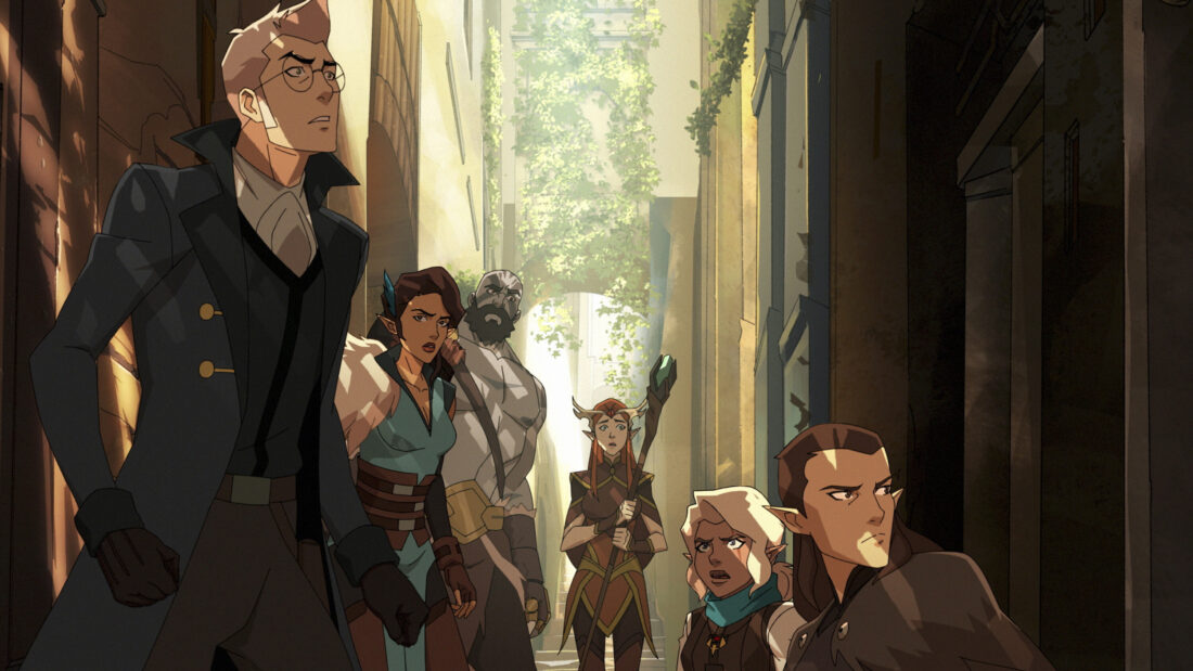 Percy, Vex, Grog, Keyleth, Pike, Vax gathered in S3 of The Legend of Vox Machina