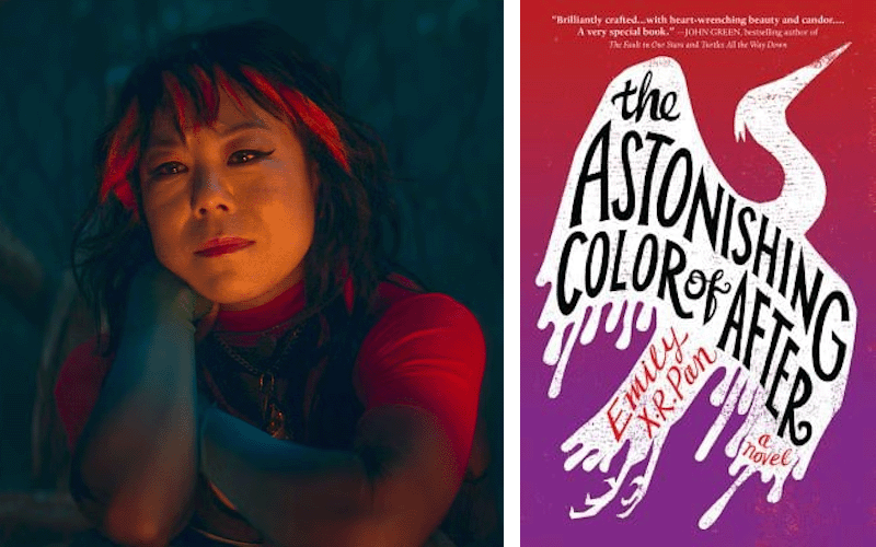 Ali Ahn as Alice in Agatha All Along and the book cover for Emily XR Pan's The Astonishing Color of After