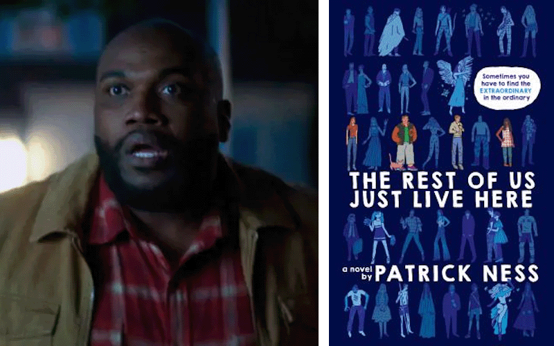 David A Payton as Herb in Agatha All Along and the cover of Patrick Ness' The Rest of Us Just Live Here