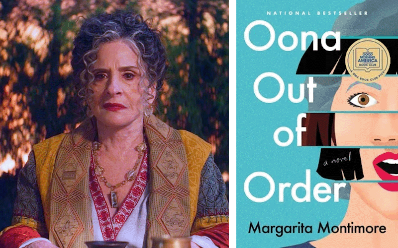 Patti LuPone as Lilia in Agatha All Along and the cover of Margarita Montimore's Oona Out of Order