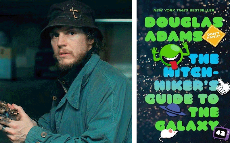 Evan Peters as Ralph in Agatha All Along and the cover of Douglas Adams' The Hitchhiker's Guide to the Galaxy