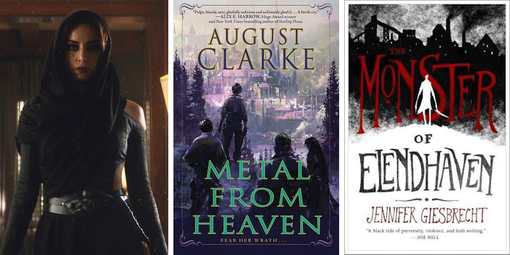 Aubrey Plaza as Rio in Agatha All Along and the covers of august clarke's Metal From Heaven and Jennifer Giesbrecht's The Monster of Elendhaven