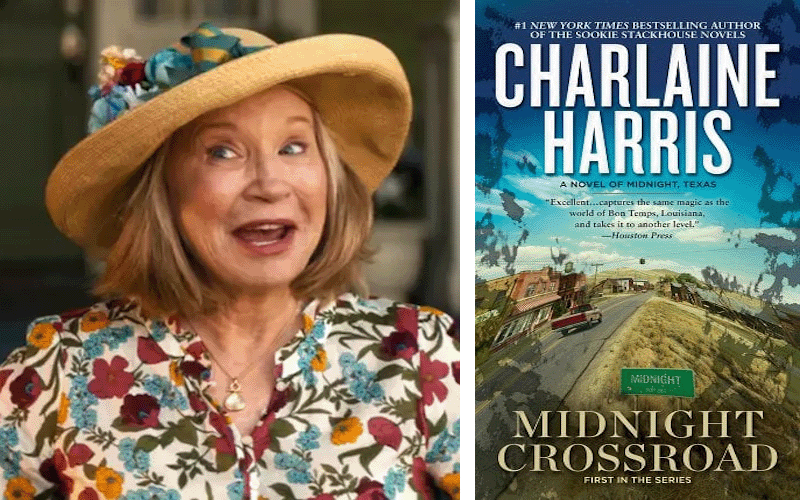 Debra Jo Rupp as Sharon in Agatha All Along and the cover of Charlaine Harris' Midnight Crossroad