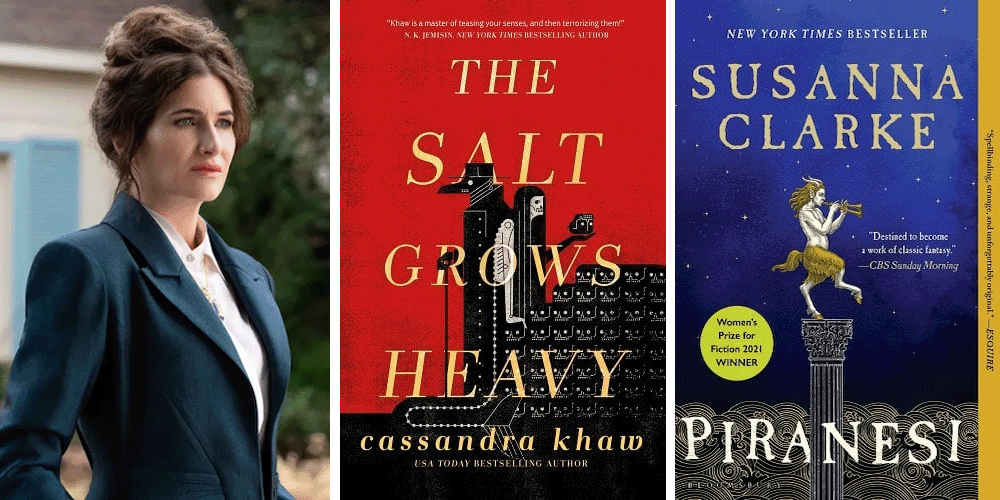 Kathryn Hahn as Agatha Harkness in Agatha All Along and the covers of Cassandra Khaw's The Salt Grows Heavy and Susanna Clarke's Piranesi