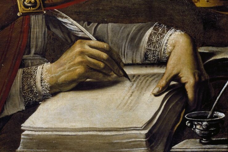 Painting of a person writing in a large book with a quill.