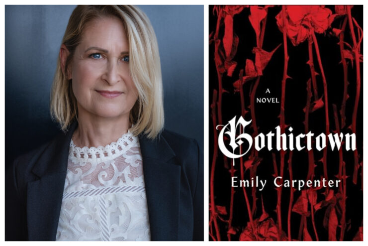 author Emily Carpenter next to cover of her upcoming novel, Gothictown.