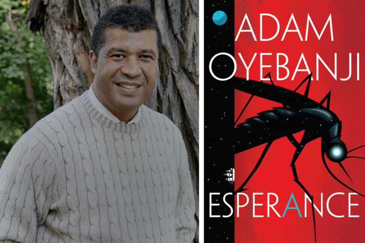 Photo of author Adam Oyebanji and the cover of their upcoming book Esperance