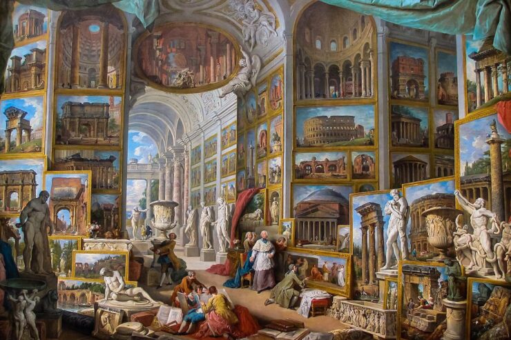 Painting of an art gallery full of paintings and statues depicting Ancient Rome