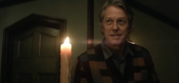 Hugh Grant as the increasingly-less-charming Mr. Reed in Heretic.