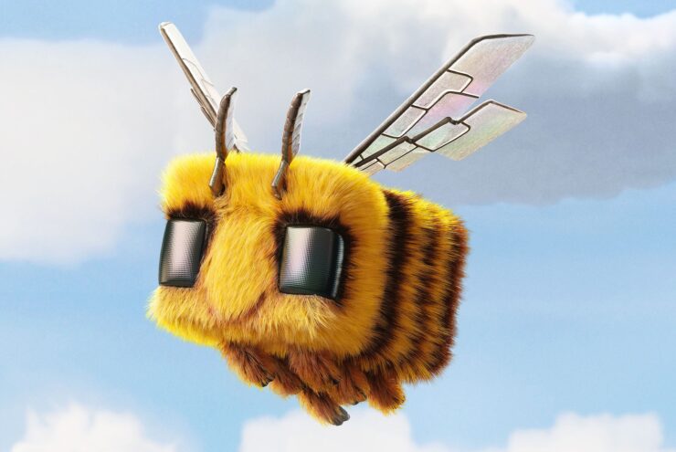 Image of Minecraft block bee from poster for A Minecraft Movie.