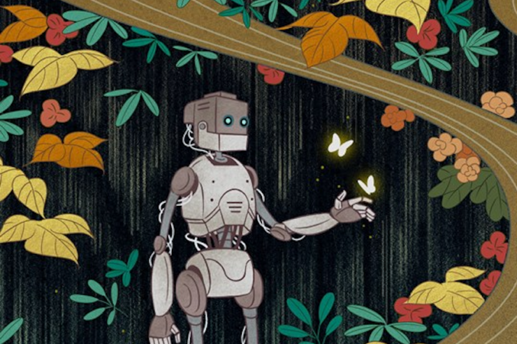 Illustration of a robot extending a hand towards two butterflies