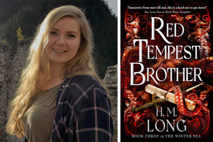 Photo of author H.M. Long and the cover of her upcoming book, Red Tempest Brother