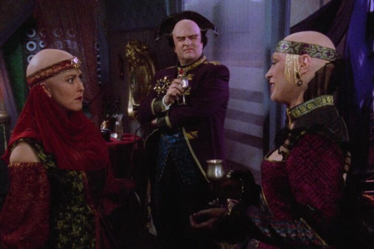 Mollari and two of his wives in a scene from Babylon 5: "Soul Mates"