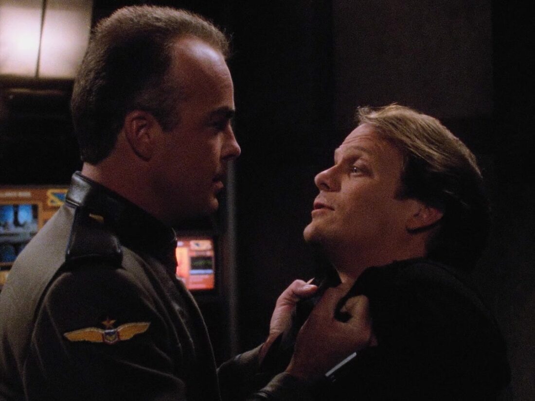 Garibaldi threatens Stoner in a scene from Babylon 5: "Soul Mates"