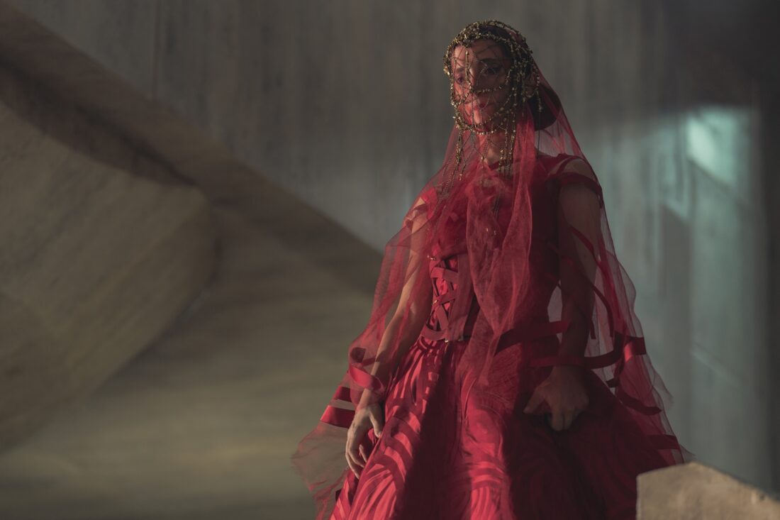 Princess Ynez (Sarah-Sofie Boussnina) in her red engagement regalia in Dune: Prophecy episode one, The Hidden Hand