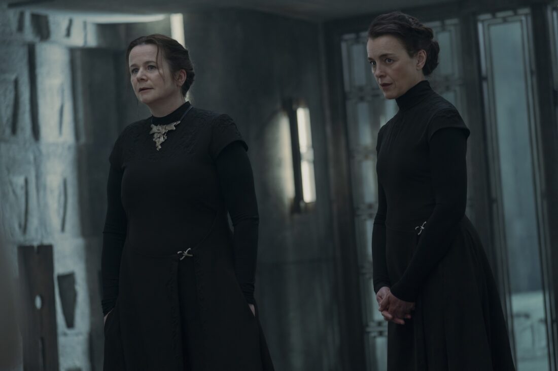 Vayla (Emily Watson) and Tula Harkonnen (Olivia Williams) standing side by side in Dune: Prophecy episode one, The Hidden Hand