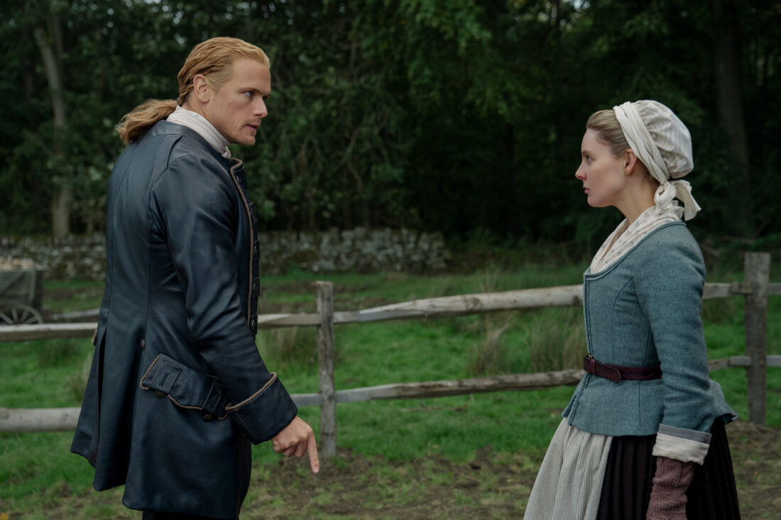 Jamie talking tensely with Laoghaire in Outlander season 7.5