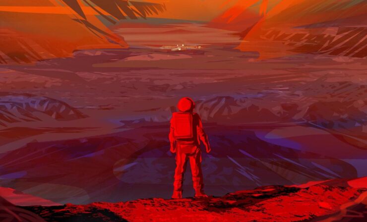 Illustration of an astronaut standing on the surface of Mars