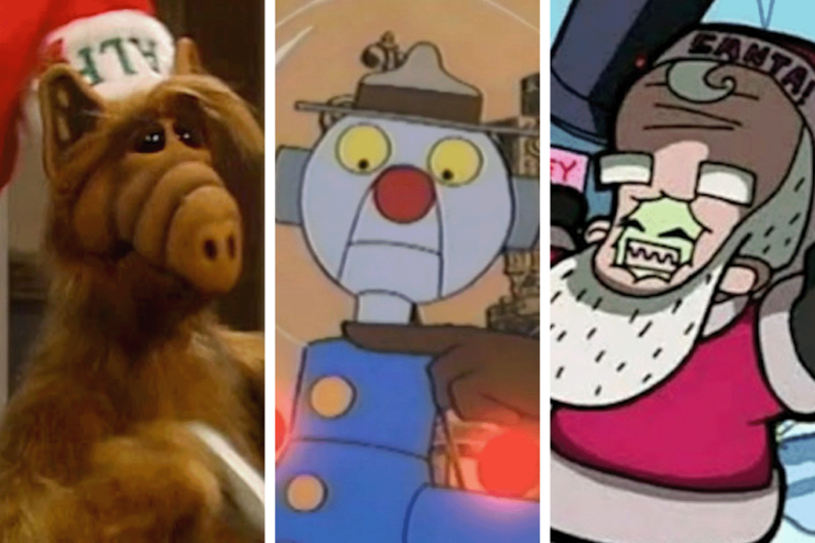 Images from three SFF holiday specials: ALF's Special Christmas, George and the Christmas Star, and Invader Zim's "The Most Horrible X-Mas Ever"