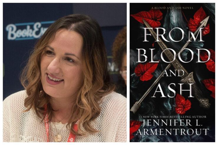 Photo of Jennifer L. Armentrout next to book cover of From Blood and Ash