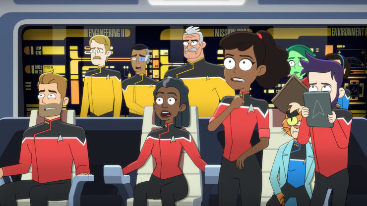 The crew of the Cerritos gathered on the Bridge in Star Trek: Lower Decks "The New Next Generation"