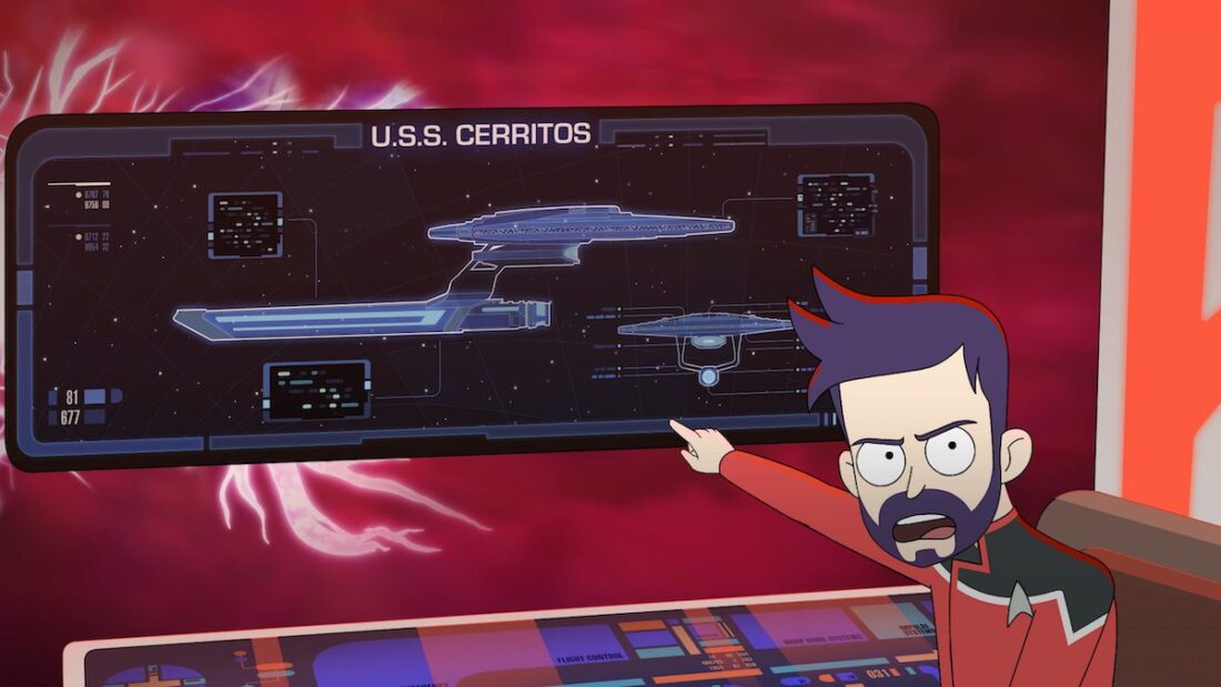 Boimler points to a diagram of the Cerritos in Star Trek: Lower Decks "The New Next Generation"