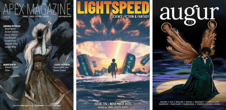 Covers of three recent short fiction magazines: Apex, Lightspeed, and Augut