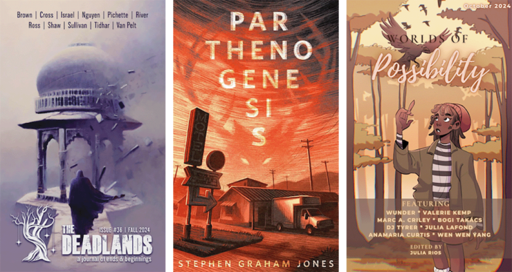 Covers of The Deadlands Fall 2024 issue, Parthenogensis by Stephen Graham Jones, and Worlds of Possibility October 2024 issue