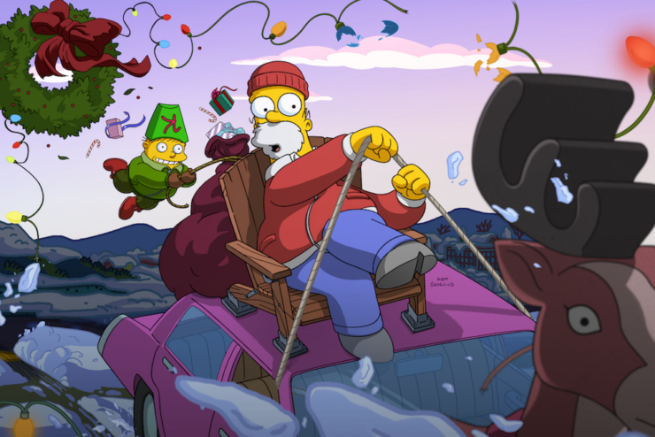 Cropped poster image of Homer acting as a deranged Santa in The Simpsons Christmas special, "O C'mon All Ye Faithful"