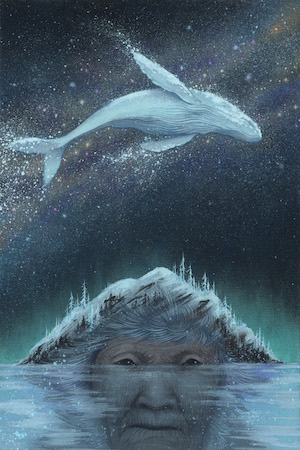 An illustration of a starlit whale leaping over an island that also forms the top of an older person's face reflected in the water.