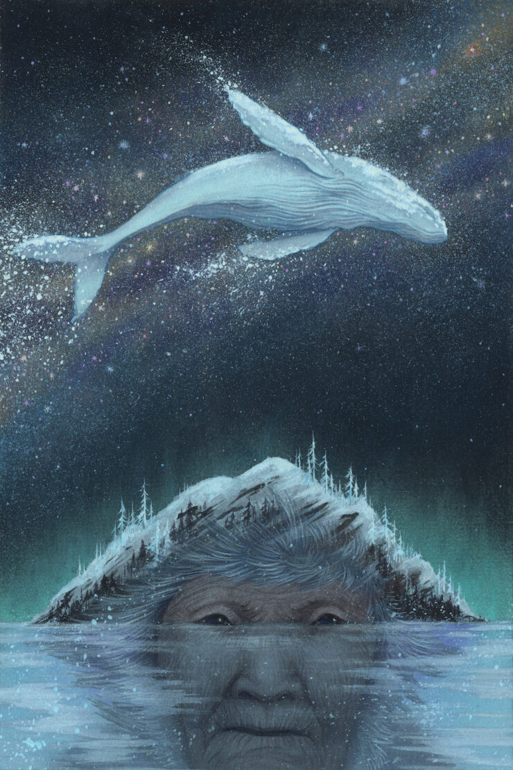 An illustration of a starlit whale leaping over an island that also forms the top of an older person's face reflected in the water.